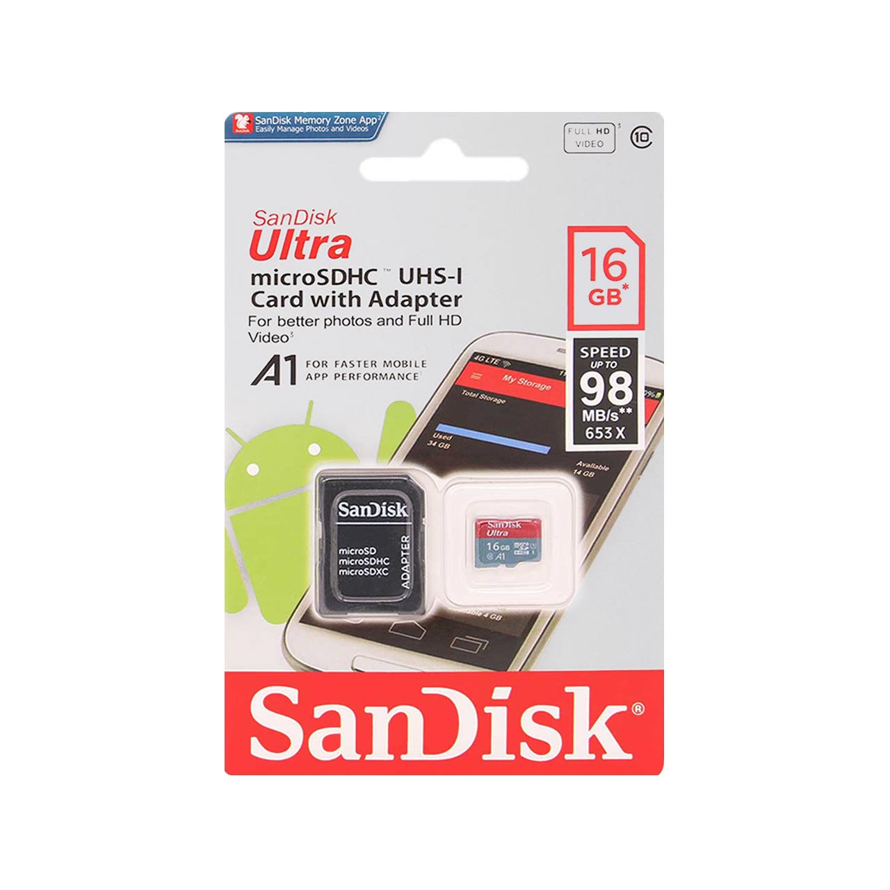 رم Sandisk Ultra microSDHC & adapter UHS-I Class10-(98MB/S-653X) 16GB